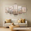 Toile pentaptyque avec des fleurs roses et blanches dans une prairie détaillée beige. Dimensions : 170x80 cm.