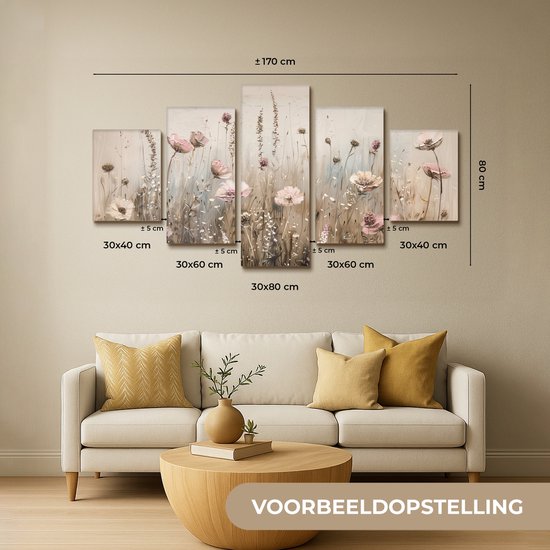 Toile pentaptyque avec des fleurs roses et blanches dans une prairie détaillée beige. Dimensions : 170x80 cm.