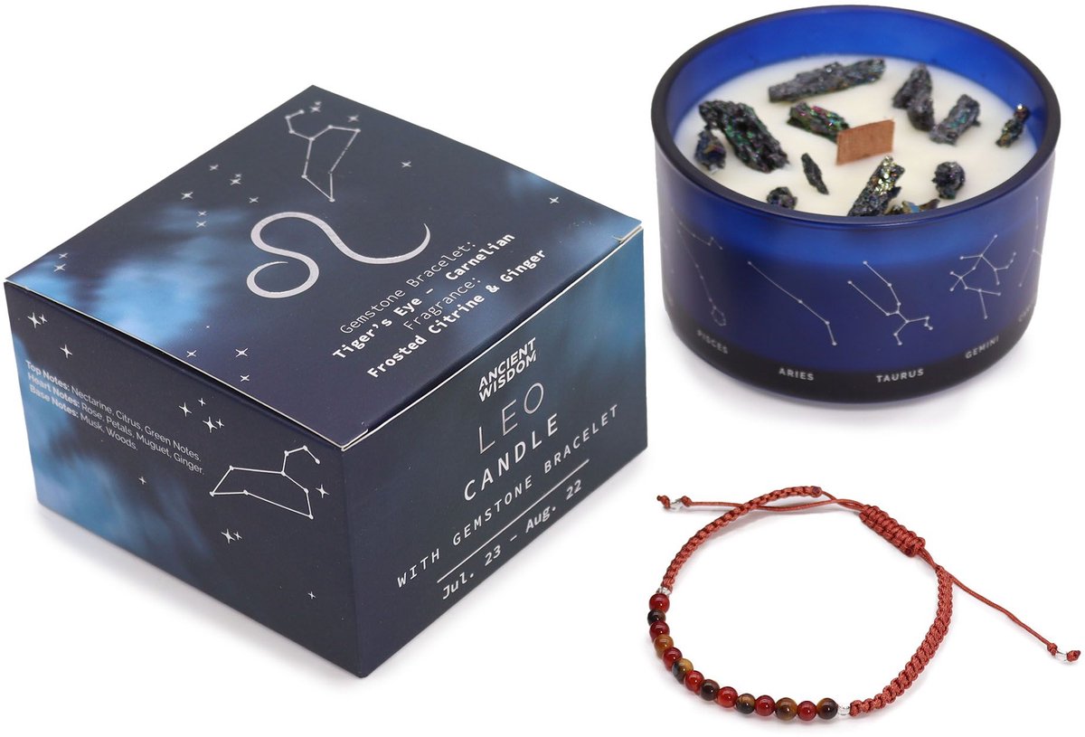 Ancient Wisdom Zodiac kristallen kaars met edelsteen armband - leeuw - sterrenbeeld kaars - leo