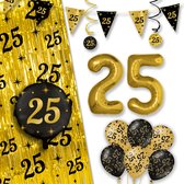 LUQ – All-Out Glam Set 25 Jaar – Zwart-Goud Verjaardag Decor – Luxe Feestpakket Ballonnen-Slingers-Vlaggenlijn-Gordijn