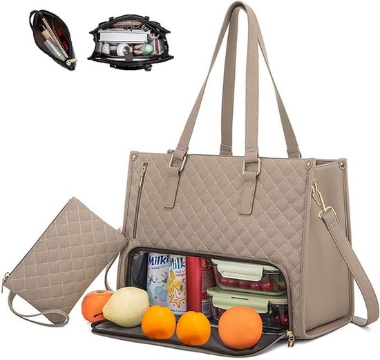 Sac à lunch 2 en 1, sac à main 15,6 pouces avec sac isotherme, sac à lunch, sac isotherme pour femme, sac isotherme pour École et le bureau (kaki)