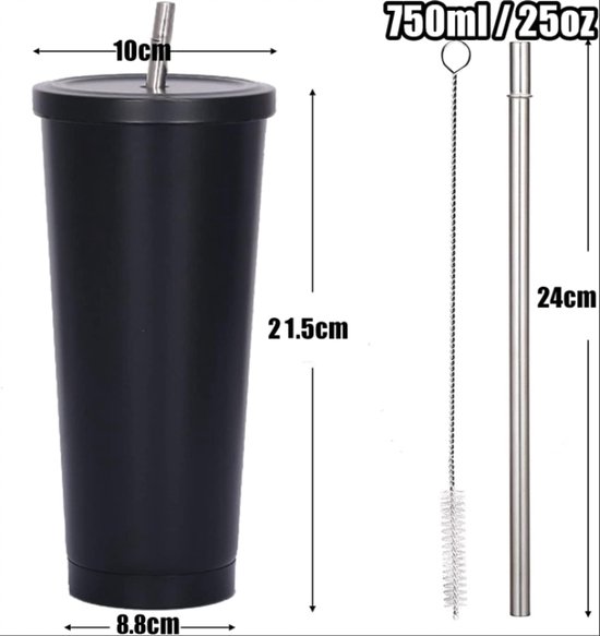 Zwarte thermobeker van 750ml / 25oz met deksel en rietje, afmetingen 21.5cm hoog, 10cm breedte deksel, 8.8cm breedte basis.