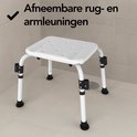 Witte douchestoel zonder rugleuning en armleuningen, met gaten in de zitting.