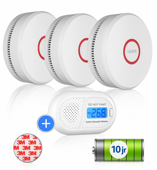 USAFE® Rookmelder set van 3 en Koolmonoxidemelder - Rookmelders met 10 jaar batterij - CO2 melder en Brandmelder met Magneetmontage