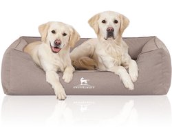 Knuffelwuff orthopedisch waterafstotend hondenbed Leon van velours met handgeweven karakter oversized XXXL 155 x 105cm beige/grijs