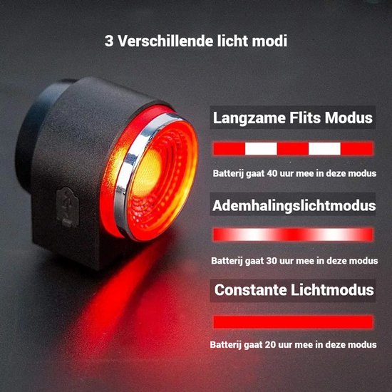 BlueTime - Fietsachterlicht met Alarm - USB oplaadbaar - Slim Remlicht - IP65 waterdicht - Inclusief 1 Afstandsbediening - Fietsalarm met afstandsbediening - Fietsalarm - Scooter alarm — afbeelding 5