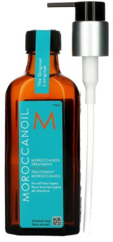 Bruine glazen fles Moroccanoil Treatment met turkoois label en bijpassende pompdispenser.
