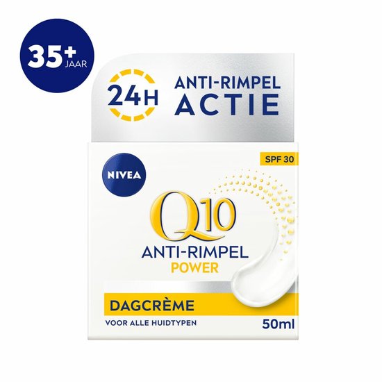 Doosje NIVEA Q10 Anti-rimpel Dagcrème SPF 30. '24u anti-rimpel actie'.