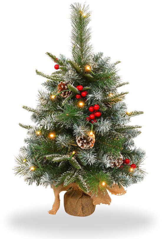 NAIZY Kleine Kerstboom met Lichtjes, 60 cm Mini Kunstkerstboom, Werkt op Batterijen met Decoratieve Lichtslinger, 30 Warm Witte LED's, Kerstboomversiering, Dennenappels + Bessen + Sneeuw
