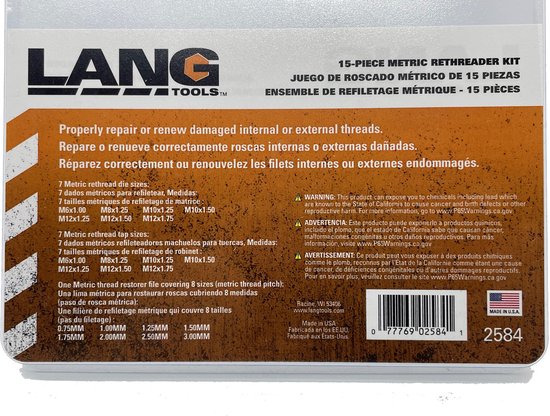 Verpakking van de 15-delige metrische draadreparatieset van Lang Tools, met instructies en specificaties.