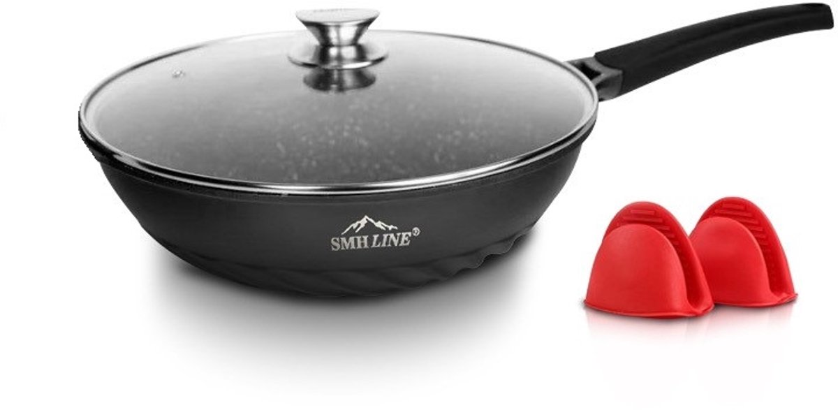 SMH LINE® Wokpan - Ø28cm - Geschikt voor Alle Warmtebronnen Incl. inductie - PFAS Vrij - Anti Aanbak - Incl. Deksel en handvat - Zwart