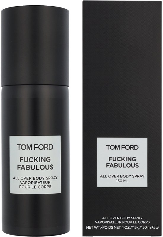 Zwarte flacon met witte opdruk: TOM FORD FUCKING FABULOUS ALL OVER BODY SPRAY, VAPORISATEUR POUR LE CORPS.