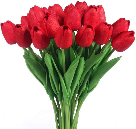 Echte latex tulpen - Kunsttulpen - Tulpenboeket - 34 cm - Verpakking van 20 - Rood - Perfect voor bruiloftsdecoraties of familiekamers