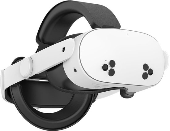 Witte en zwarte VR-headset met verstelbare hoofdband en vier knoppen aan de voorkant.