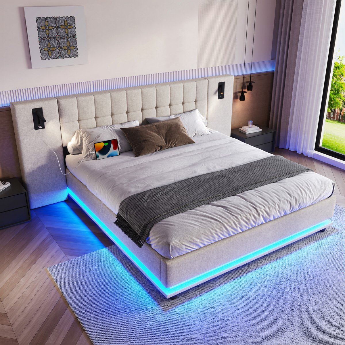 Sweiko Gestoffeerd bed - 180 x 200 cm - LED-verlichting - USB-poorten - Linnen - Beige