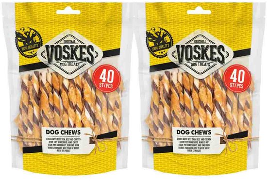 Voskes Rawhide Kip - Rund Sticks - 2 x 400 gr - Voordeelverpakking