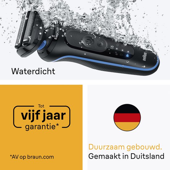 Zwart Braun scheerapparaat Series 5, met blauwe accenten, onder de waterstraal. 5 jaar garantie, duurzaam gebouwd.