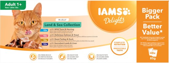 IAMS Delights Land - Sea Adult Kattenvoer Nat in Gelei - 2 x 48 x 85 gr - Voordeelverpakking