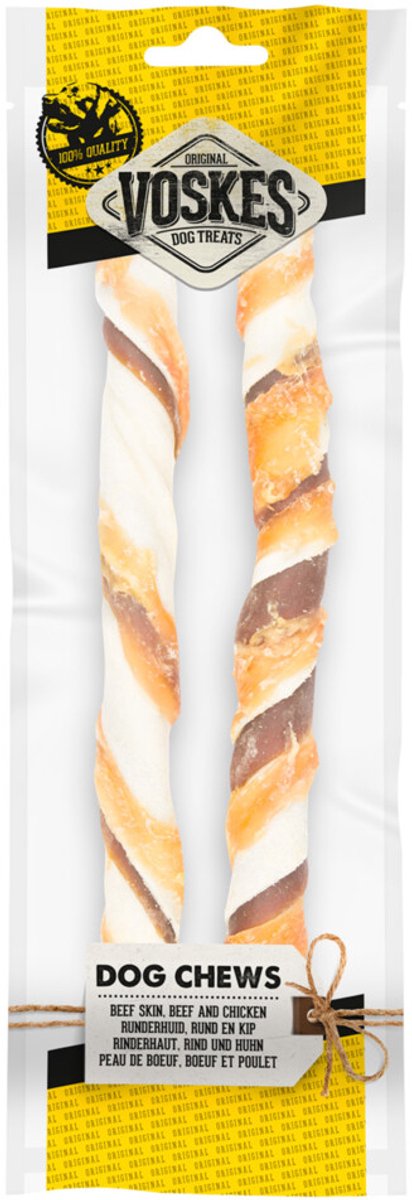 Voskes Hondensnack Stick Runderhuid, Rund en Kip 25 cm - 20 x 2 stuks - Voordeelverpakking