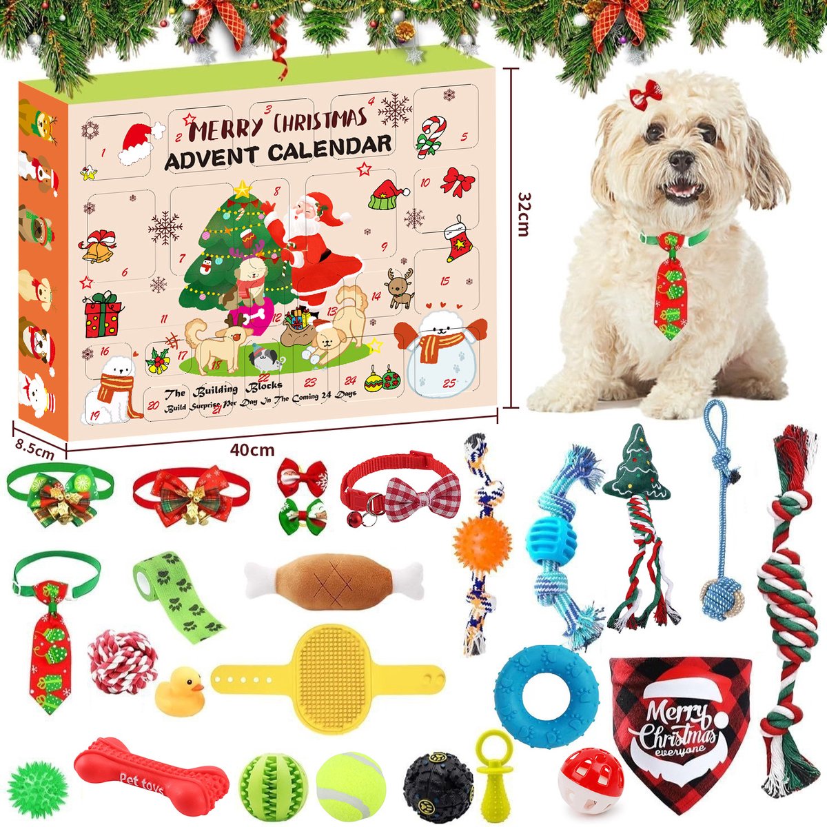 Kerst honden speelgoed set in beige, inclusief kauwriem, piepbal, kauwspeeltje, hondenstrikhalsband en hoofdband.