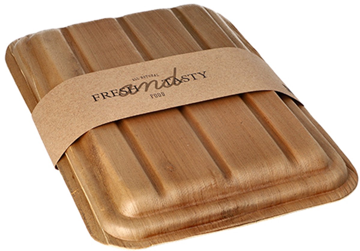 Image of 10 Dienbladen, palmblad pure hoekig 500 ml 6,5 cm x 17,5 cm x 25,5 cm met deksel en sleeve