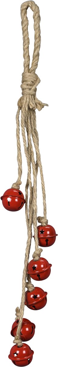 Kerstslinger met 6 rode belletjes aan jute koord 40cm - Kerstguirlande - Nostalgische kerst - Bellenhanger - Slinger jingle bells