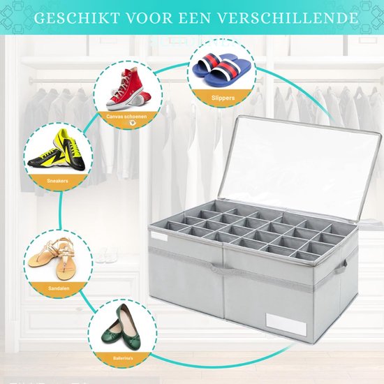 Lukeline Schoenorganizer voor kast met transparante hoes en verstelbare verdeler, opvouwbare schoenendoos voor 16 paar, geschikt voor het opbergen van schoenen en laarzen, kleding, dekens, speelgoed