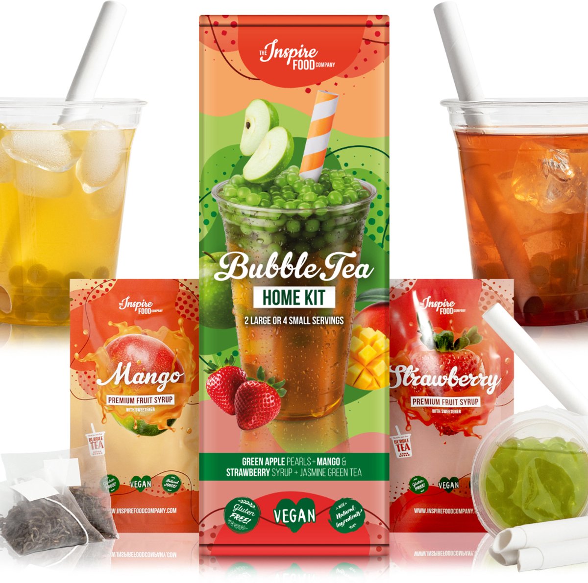 INSPIRE FOOD Bubble Tea-Set - Groene Appel Boba 100g, Aardbeiensiroop 30ml, Mangosiroop 30ml, 4x Rietjes + 2x Jasmijnthee | 100% vegan, glutenvrij, zonder kunstmatige kleurstoffen
