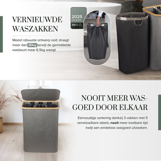 Panier à linge 3 compartiments - trieur à linge - 160L - avec 3 sacs amovibles - panier à linge - trieur à linge avec couvercle - pliable - sacs à linge neufs