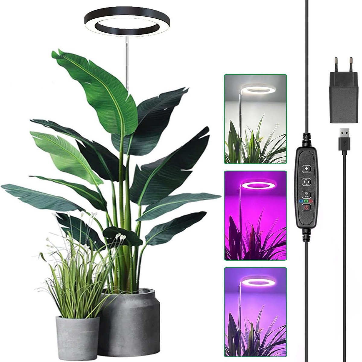 Rosnek Zwarte LED Groeilamp met Dimbare Helderheid - Full Spectrum 72LEDs - Verstelbaar (35-155cm) & Timer 3/9/12U - Kweeklamp voor Binnenplanten - met Adapter