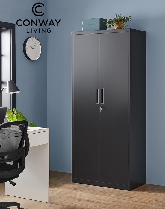 Zwarte Conway Living archiefkast in een modern kantoor met een bureaustoel en bureau.