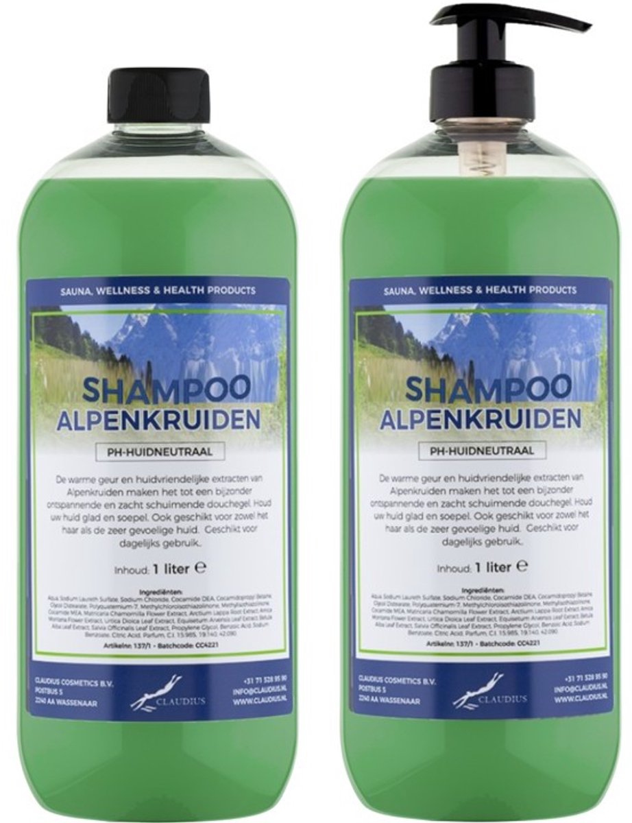 Shampoo Alpenkruiden - 1 liter (transparant) - 2 Stuks - met pomp - Voordeelverpakking - Haarverzorging