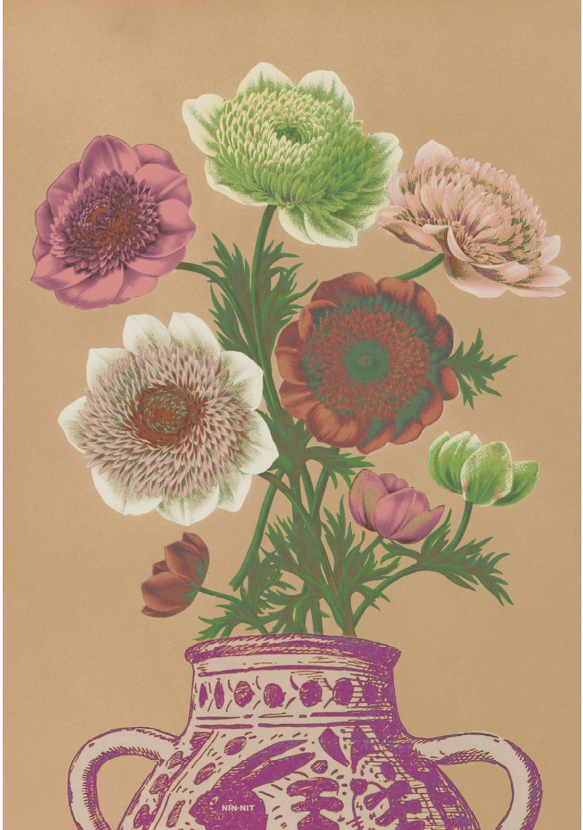 NIN-NIT wall-art - Wanddecoratie - dibond - bloemen schilderij - botanisch - 70x100 cm Anemone Vase - rose - beige - groen