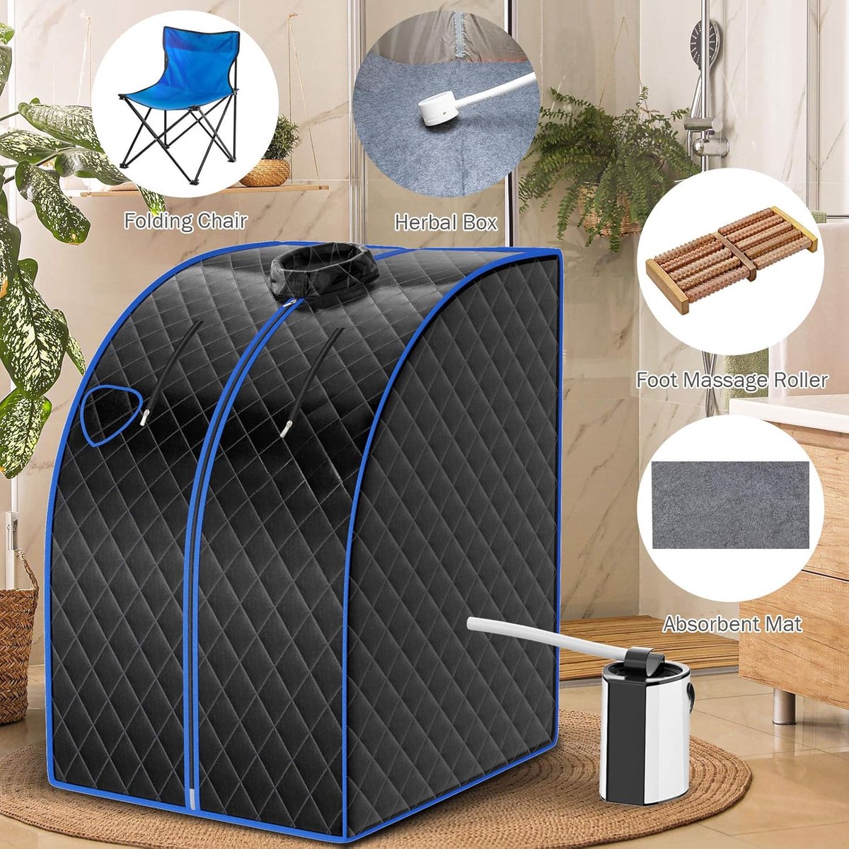COSTWAY Draagbare stoomsauna, 1000 W, 3L opvouwbare persoonlijke therapeutische sauna met afstandsbediening, instelbare temperatuur en timer, roestvrij staal stoomoven met verstuiving functie, explosiebestendig gehard glazen deksel, 101 x 87 x 78 cm thumbnail 4