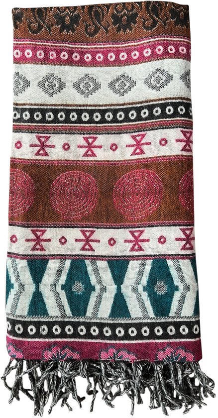 Écharpe pliée aux motifs rayés roses, marrons et blancs avec des franges grises.