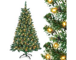 NAIZY Kunstkerstboom met verlichting 210 cm PVC Dennenboom Kerstboom met 350 LED's en standaard Nepkerstbomen Kerstversiering, met sneeuw en dennenappels