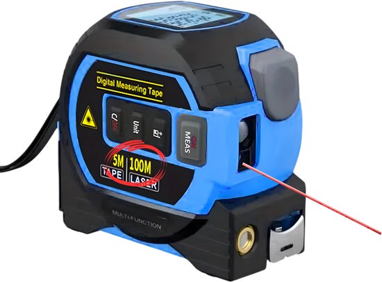 Blauw en zwarte digitale rolmaat met uitgeschoven meetlint en rode laserstraal.