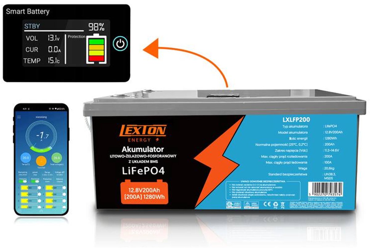 LiFePo4 Lexton lithium accu - Gel baterij - met BMS, 12,8V, 200Ah, LXLFP200