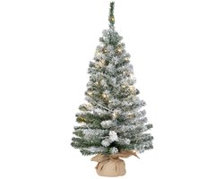Everlands Kunst kerstboom - H90 cm - besneeuw - met kerstverlichting - kunstboom - in jute zak - verlichte kleine kerstbomen