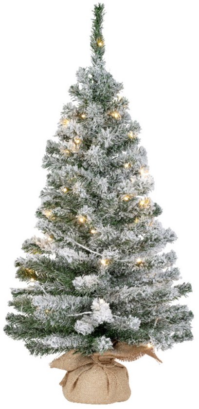 Sapin de Noël artificiel Everlands - H90 cm - recouvert de neige - avec lumières de Noël - arbre artificiel - dans un sac en jute - petits sapins de Noël illuminés