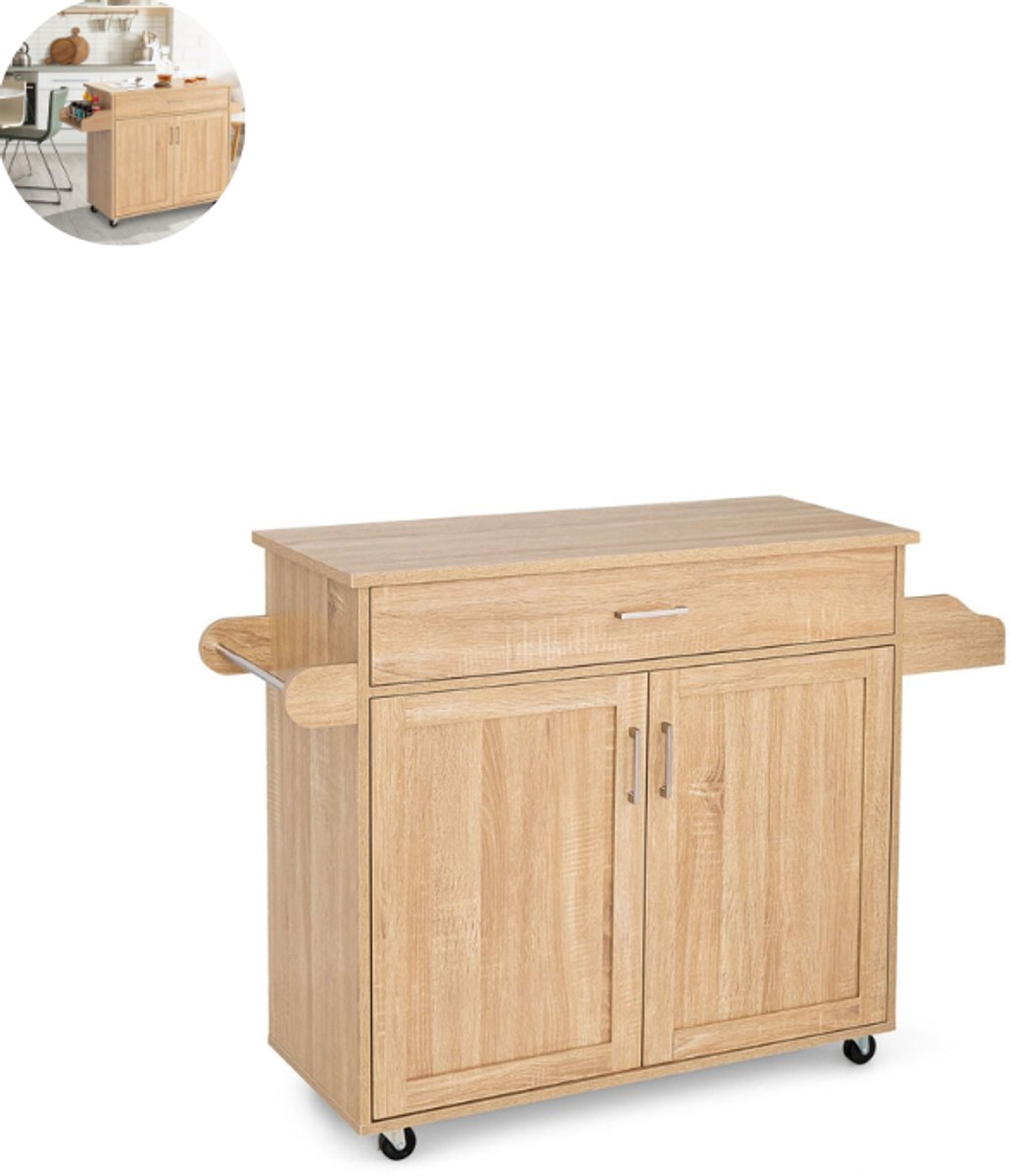 Keukeneiland - Verplaatsbaar - Keukenkast - Dressoir - Organizer - Kasten - Houten Werkblad - Natuur
