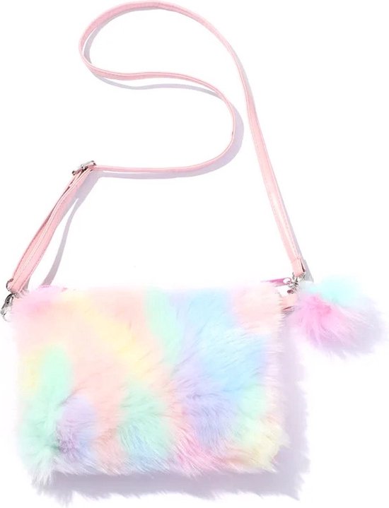 Meisjes Schoudertas met Pompom - Regenboog Roze Geel Blauw - Crossbodytas