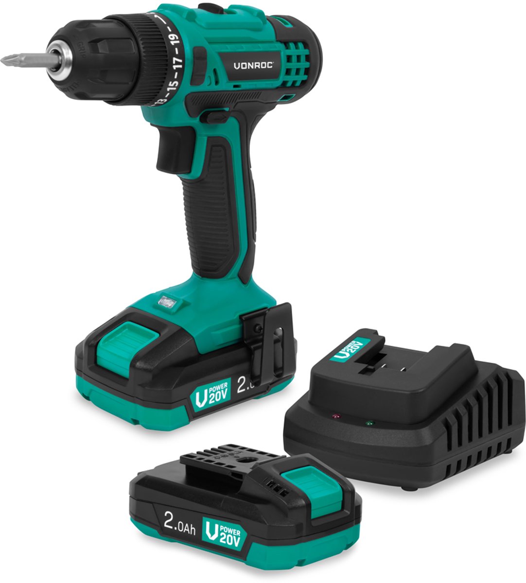 VONROC Accuboormachine 20V – 19 schroefstanden + boorstand - Incl. 2 bits - Incl. 2x 2.0Ah Ac-cu’s en snellader