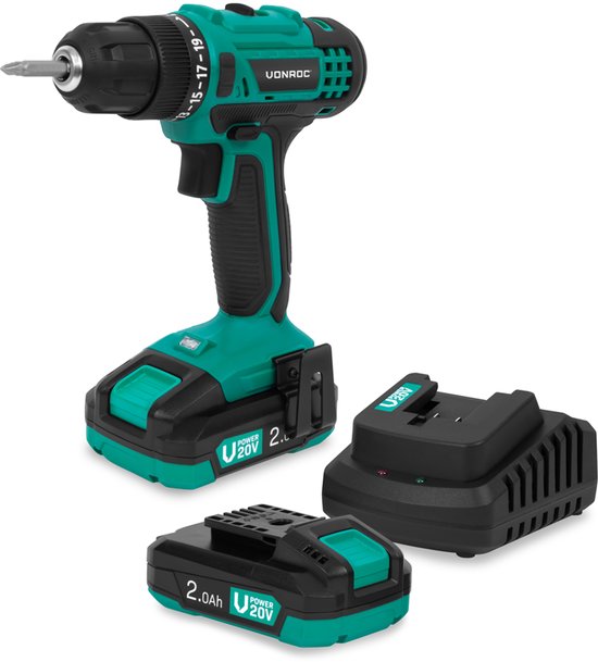 Visseuse sans fil Vonroc, verte et noire, avec batteries 2.0Ah et chargeur rapide.