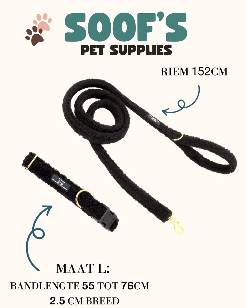Complete set Halsband en Riem - Volledige hondenset - Soof's Pet Supplies - Maat L Teddy Zwart - Nekomvang: 55 t/m 76 cm Hondenhalsband en lijn - Halsband en riem voor grote honden - Hondenbenodigdheden