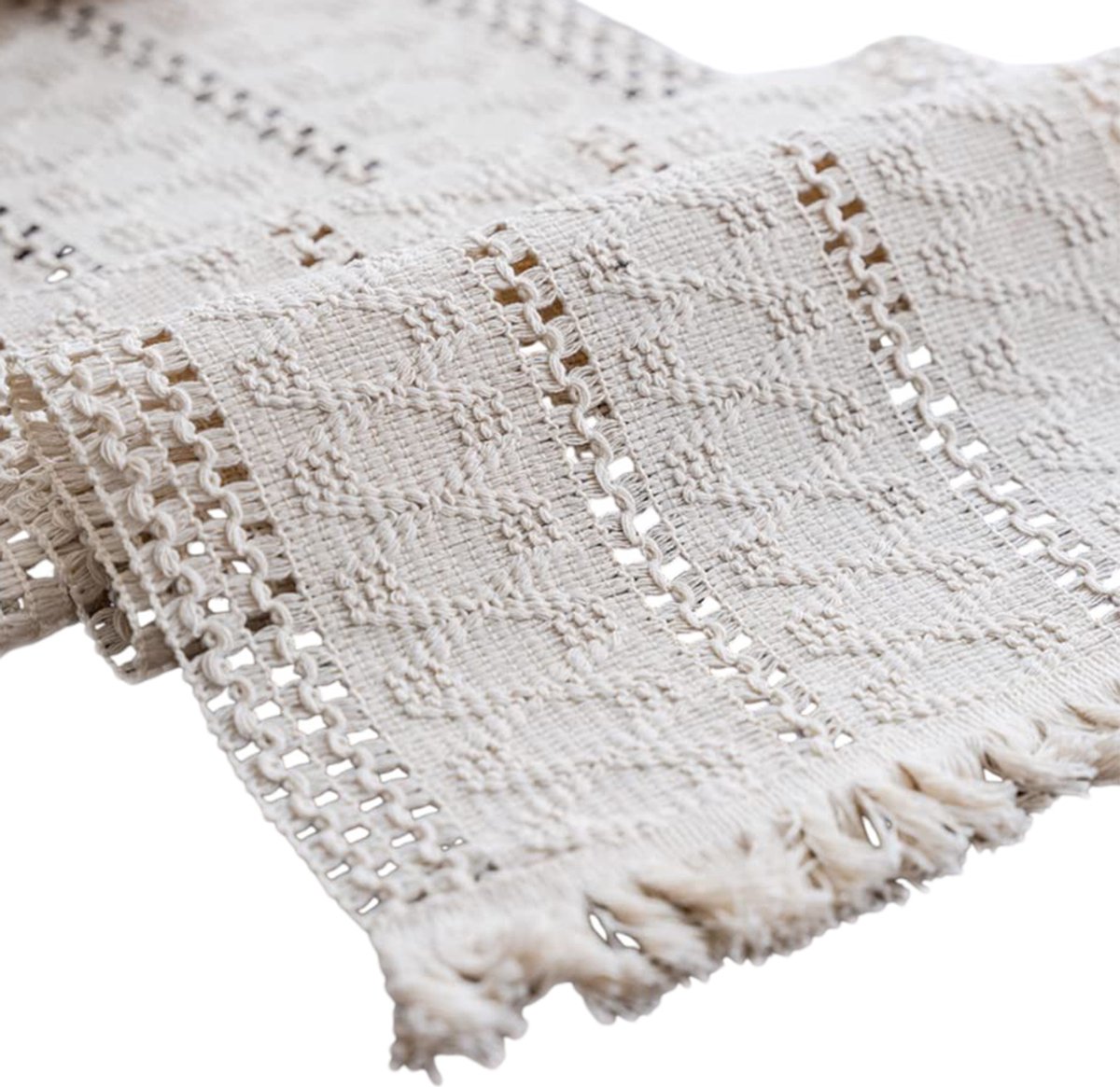 2 St Tafelloper-rechthoek-gehaakt-kant-kwastje-hol-beige-30x160cm-katoen