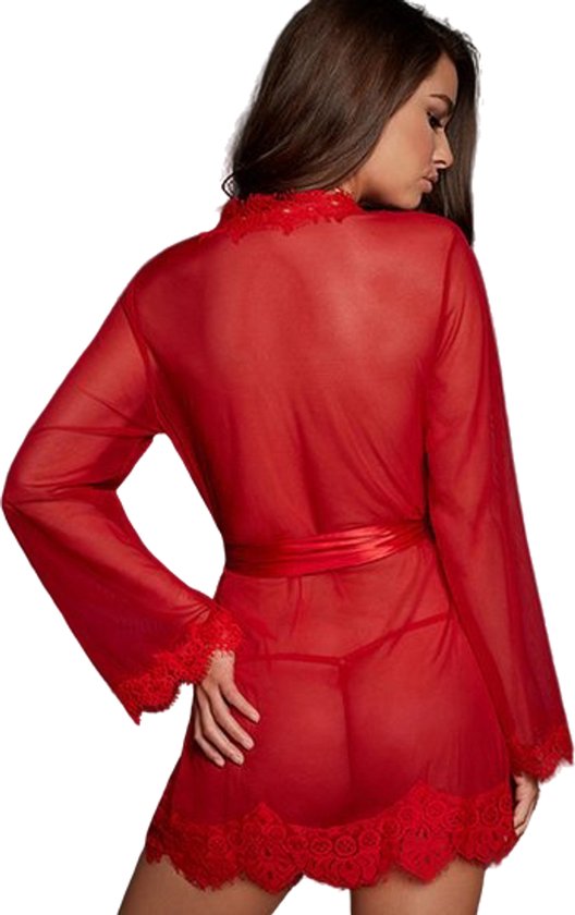 Achterkant van rode doorschijnende babydoll met kanten randjes, lange wijde mouwen en strikceintuur. Model draagt de babydoll.