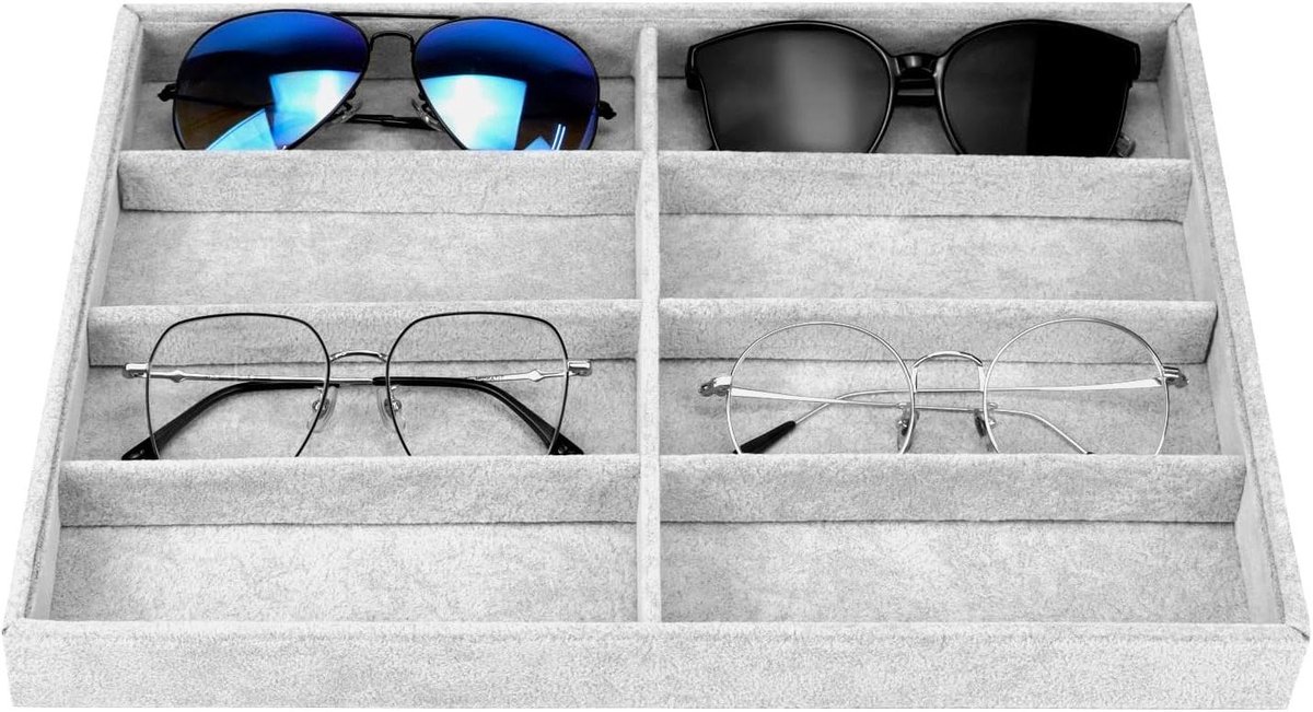 Allecto plus - Bril Organizer Sieradenbakje, 8 Compartimenten Fluwelen Displaybox, Stapelbaar voor Brillen, Horloges en Sieraden - Opbergbox voor Accessoires met Medaillon, Grijs