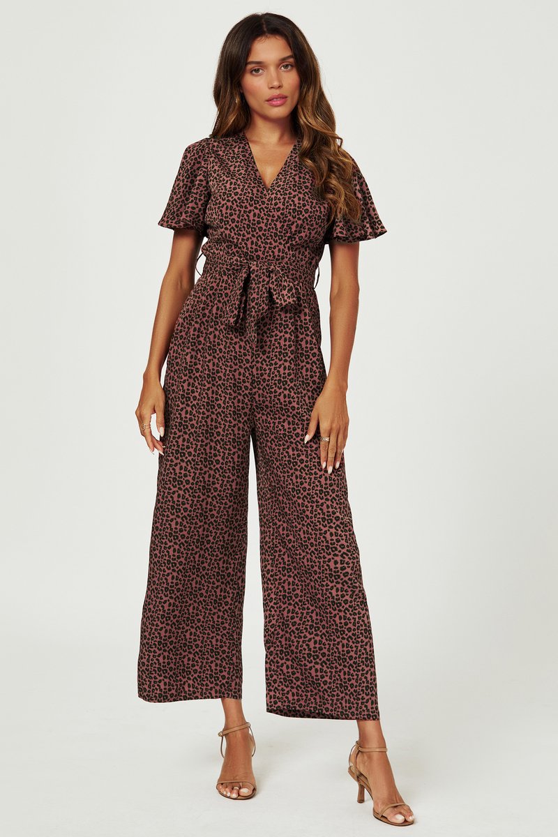 Jumpsuit met luipaardprint en wikkeltop in roestbruin