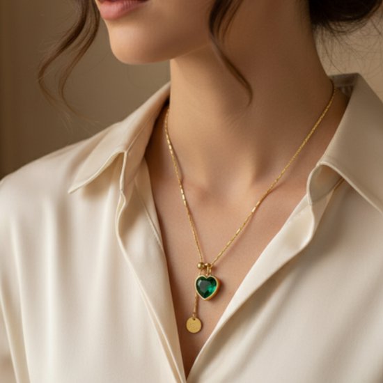 Collier doré avec pendentif vert en forme de cœur - collier pour femme - chaîne à maillons avec pendentif fantaisie